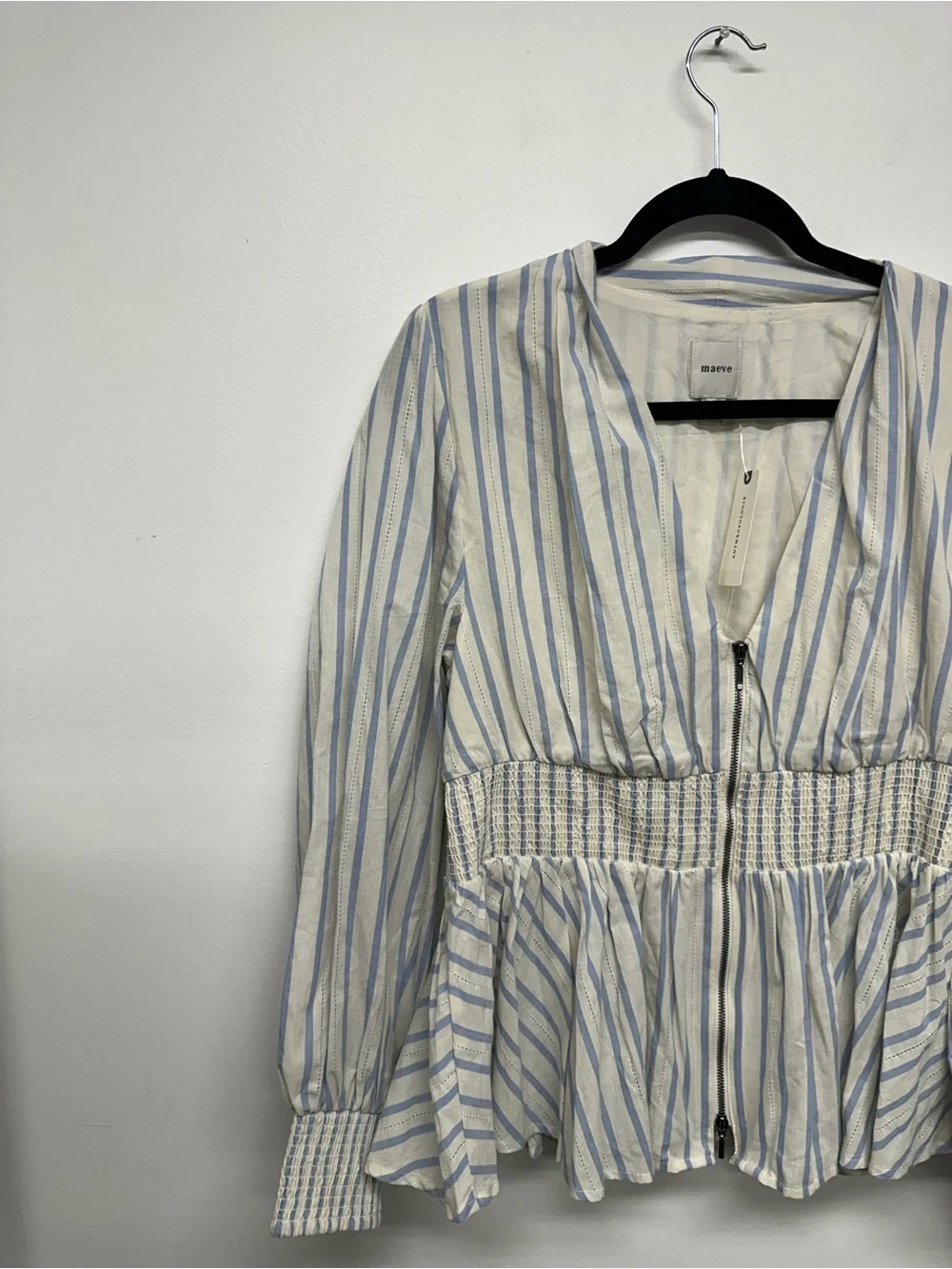 Anthropologie Tommie Long-Sleeve Smocked Front-Zip Blouse